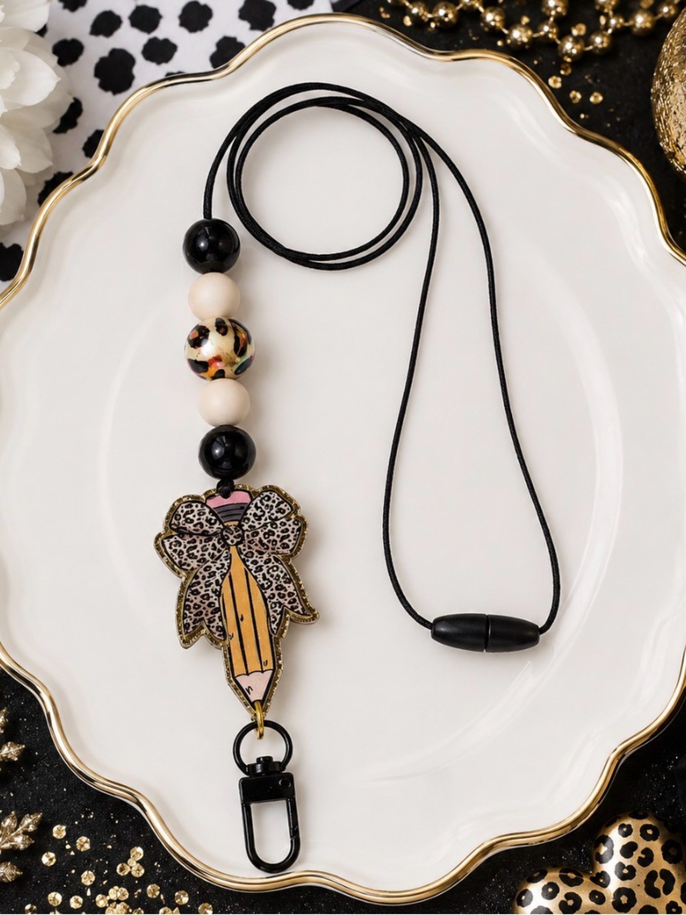Leopard Bow Pencil Bead Lanyard  - Black & Cream